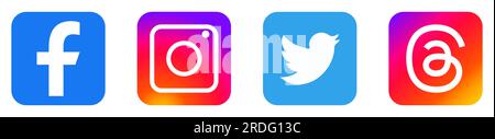Facebook, Instagram, Twitter, Threads logos. Social media apps. Vector set Stock Vector