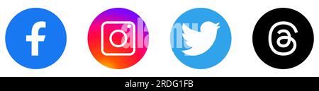 Set of social media logos. Facebook, Instagram, Twitter, Threads. Design can use for web and mobile app. Vector illustration Stock Vector