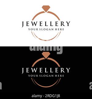Abstract logo of jewelry ring with luxury diamond or gems.Isolated black and white background.Logo can be for jewelry brand and sign. Stock Vector
