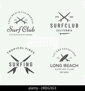 Vintage surfboard logo,surfing on summer beach.For business,badge,holiday, ,label,emblem. Stock Vector