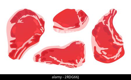 Meat set. Steak icons set in cartoon style. Meat set collection. Meal shop or beef portions vector Stock Vector