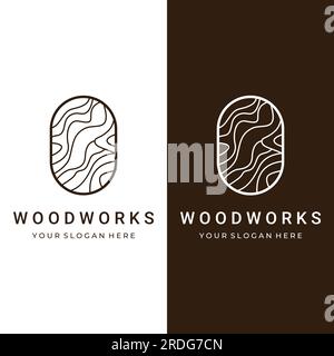 Wood and natural fiber logo design, carpenter and wood planks with saw craftsman tools. Stock Vector