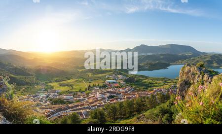 Panoramic Aerial view with Zahara de la Sierra Castle Tower at sunset ...