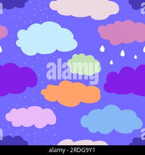 Seamless pattern of clouds with snow and rain. Cute vector illustration for wallpaper, wrapping paper, textile design for children. Rainy weather. Mul Stock Vector
