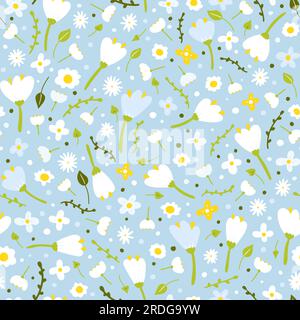 Seamless cartoon abstract flower pattern. White floret on blue background. Hand-drawn plant, petal. Stylized peonies, rose, tulip, chamomile. Light ro Stock Vector