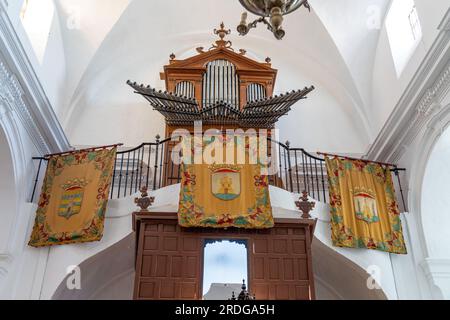 Pipe Organ at Santa Maria de la Mesa Church Interior - Zahara de la Sierra, Andalusia, Spain Stock Photo