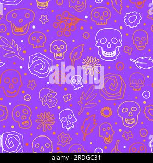 Doodle Halloween sculls, flower seamless pattern. Skeleton, plant on violet background. Hand-drawn el dia de los Muertos. Mystical character. Vector i Stock Vector