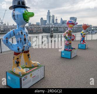 London, UK. 21st July, 2023. Morph figures decorated by different artists lined up on the South Bank with City of London skyscrapers in the background, Credit: Malcolm Park/Alamy Live News Stock Photo