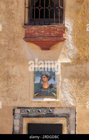 Abu Malik Abd al-Wahid portrait (Abomelique) in front of Casa del Rey Moro (House of the Moorish King) - Ronda, Andalusia, Spain Stock Photo