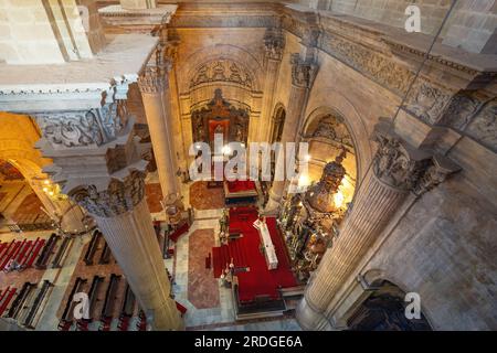 High Angle view of Church of Santa Maria la Mayor Altar and Nave - Ronda, Andalusia, Spain Stock Photo