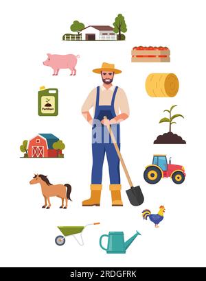 Farmer character and different farm elements. Man farmer, barn, pig, fertilizer, haystack, cart, crop, pitchfork, watering can, plant. Set of elements Stock Vector