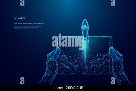 Digital close-up human hand holding tablet with abstract launching rocket. Stock Vector