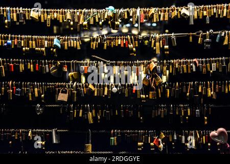 Valentine Padlocks by Night in Ljubljana, Slovenia Stock Photo