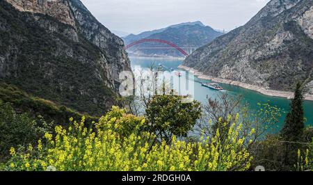 Yichang. 29th Mar, 2023. This photo taken on March 29, 2023 shows the scenery of Xiling Gorge, one of the Three Gorges on the Yangtze River, in central China's Hubei Province. Located in the upper reaches of the Yangtze River, the Three Gorges Reservoir area is an important ecological function zone and reservoir of freshwater resources in China. The Three Gorges -- Qutang, Wuxia and Xiling gorges -- features precipitous cliffs, famous scenic spots and historical sites. Credit: Xiao Yijiu/Xinhua/Alamy Live News Stock Photo