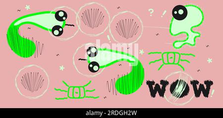 A set of funny characters. Doodle. The snake and the alien. Green baby snakes and a tiny alien Stock Vector