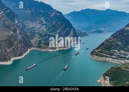 Yichang. 29th Mar, 2023. This aerial photo taken on March 29, 2023 shows the scenery of Xiling Gorge, one of the Three Gorges on the Yangtze River, in central China's Hubei Province. Located in the upper reaches of the Yangtze River, the Three Gorges Reservoir area is an important ecological function zone and reservoir of freshwater resources in China. The Three Gorges -- Qutang, Wuxia and Xiling gorges -- features precipitous cliffs, famous scenic spots and historical sites. Credit: Xiao Yijiu/Xinhua/Alamy Live News Stock Photo