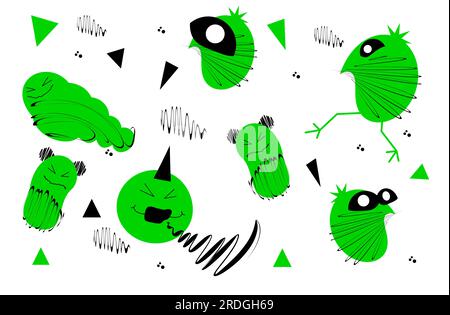 Set of monsters. Green caterpillars. Doodle. Cute green character. Vector illustration with cute creatures. Stock Vector