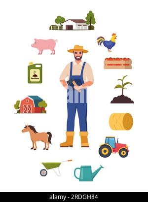 Farmer character and different farm elements. Man farmer, barn, pig, fertilizer, haystack, cart, crop, pitchfork, watering can, plant. Set of elements Stock Vector