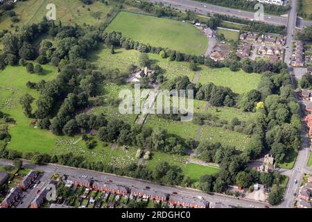 aerial view of Oldham Crematorium within Hollinwood Cemetery, Stock Photo