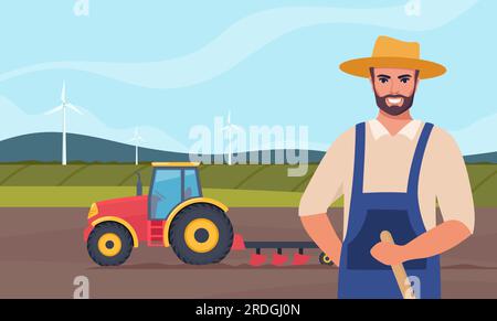 Tractor plowing the field and farmer stands in the foreground. Rural ...