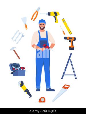 Repairman or mechanic and collection of tools. Man character in uniform with set of professional instruments. Vector illustration Stock Vector