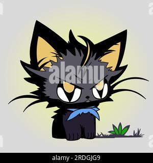 Kitten with evil look. Halloween style cat. A cat with a blue bow sits on a meadow Stock Vector