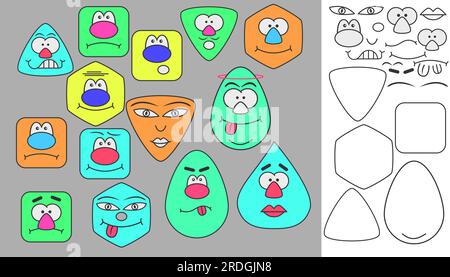 A set of funny faces. Faces with emotions. Elements and shapes to create different faces. Stock Vector