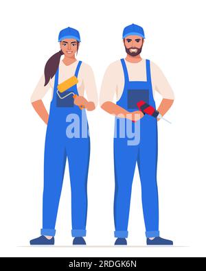 Repairman or mechanic man and woman painter. Collection of professional repair tools. Man and woman characters in uniform. Vector illustration Stock Vector