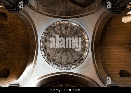Zamora, Spain - April 7, 2023: Interior view of the dome of the romanesque Cathedral of Zamora. Directly below view Stock Photo