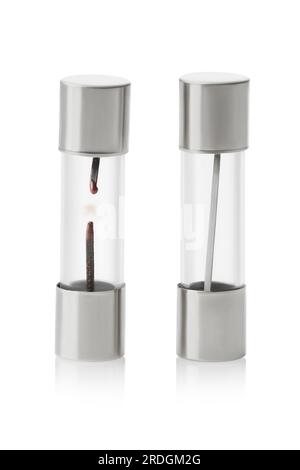 Two fuses isolated on a white background, new and damaged Stock Photo
