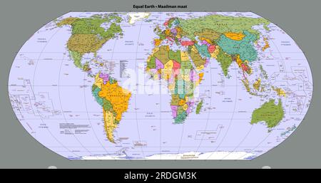 Finnish language map of the world Equal earth projection Stock Vector
