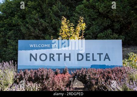 Welcome to North Delta sign in Delta, British Columbia, Canada Stock Photo