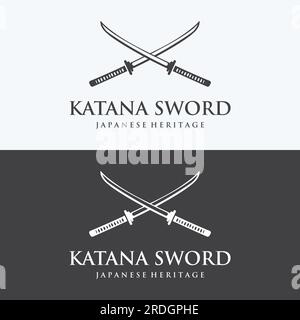 Vintage japanese samurai katana sword logo,japanese heritage sword vector illustration. Stock Vector