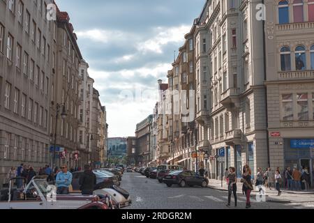 Prague, Czech Republic - May 13, 2019: Franz Kafka square and Kaprova street. Stock Photo