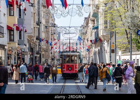 A picture of the Taksim-Tunel Nostalgia Tramway on Independence Street. Stock Photo