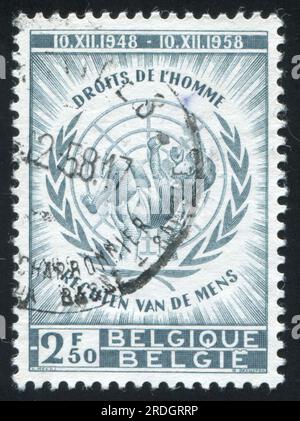 RUSSIA KALININGRAD, 26 OCTOBER 2015: stamp printed by Belgium, shows Universal Declaration of  Human Rights, Infant and UN Emblem, circa 1958 Stock Photo