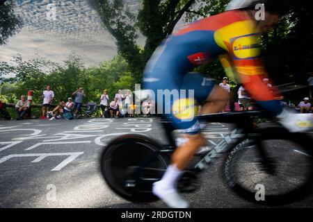 Domancy, France 18th July 2023: Tour de france fans cheering a cyclist during the time trial stage. Stock Photo