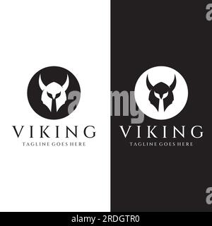 Viking warrior helmet logo with horned helmet and vikings with letter V. Stock Vector