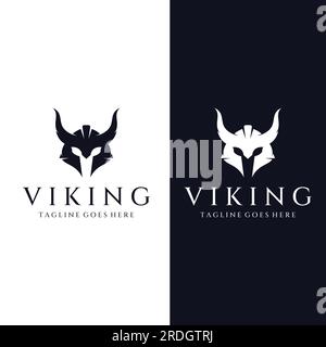 Viking warrior helmet logo with horned helmet and vikings with letter V. Stock Vector