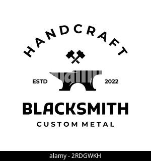 Antique blacksmith anvil work. With hammer and horseshoe isolated background.Logo for industry. workshop. Stock Vector