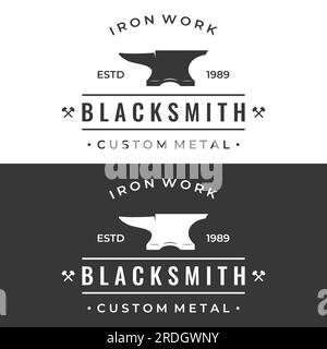 Antique blacksmith anvil work. With hammer and horseshoe isolated background.Logo for industry. workshop. Stock Vector