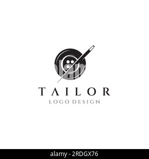 Tailor silhouette logo with needle, thread, benik and sewing machine markings. Logo design for tailors, fashion, boutiques and other clothing companie Stock Vector