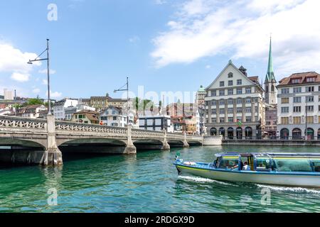 River ferry approaching Rudolf-Brun-Brücke (Bridge), Rudolf-Brun-Brücke, City of Zürich, Zürich, Switzerland Stock Photo