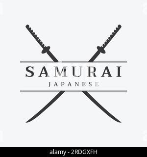 Vintage japanese samurai katana sword logo,japanese heritage sword vector illustration. Stock Vector