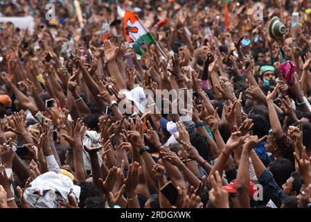 Kolkata, India. 21st July, 2023. July 21, 2023, Kolkata, India: Supporters of the Trinamool Congress (TMC) party attend a rally addressed West Bengal's Chief Ministers and party supremo Mamata Banerjee to mark the annual Martyrs' Day. on July 21, 2023. (Photo by Dipa Chakraborty/ Credit: Eyepix Group/Alamy Live News Stock Photo