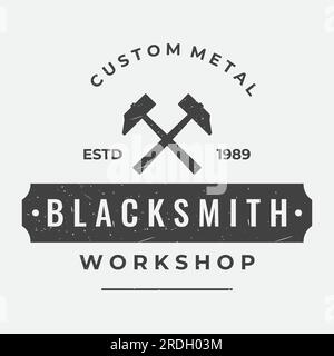 Antique blacksmith anvil work. With hammer and horseshoe isolated background.Logo for industry. workshop. Stock Vector