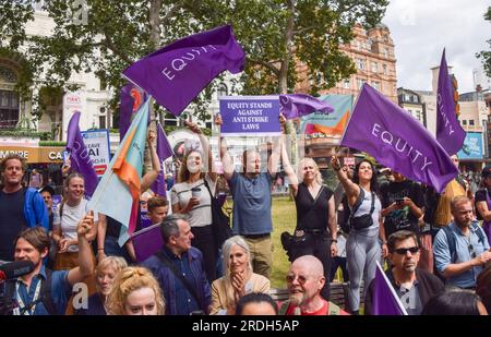 London, UK. 21st July, 2023. Protesters hold Equity banners during the demonstration. Performing arts and entertainment industries union Equity staged a rally in Leicester Square in solidarity with the SAG-AFTRA (Screen Actors Guild - American Federation of Television and Radio Artists) strike. (Photo by Vuk Valcic/SOPA Images/Sipa USA) Credit: Sipa USA/Alamy Live News Stock Photo