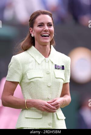 Catherine The Princess of Wales who presented the trophy after Ons Jabeur lost to Marketa Vondrousova in the Ladies Final on Centre Court, Wimbledon. Wimbledon Ladies Final Day, Wimbledon, London, UK, on 15th July, 2023. Stock Photo