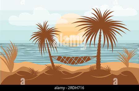 Silhouette styled landscape scenery with tropical beach and hanged hammock on palm trees Stock Vector