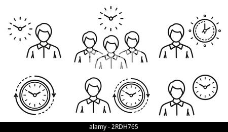 Waiting person and clock, business time management, office work hours, customer service period line icon set. Circle watch. Meeting planning. Vector Stock Vector